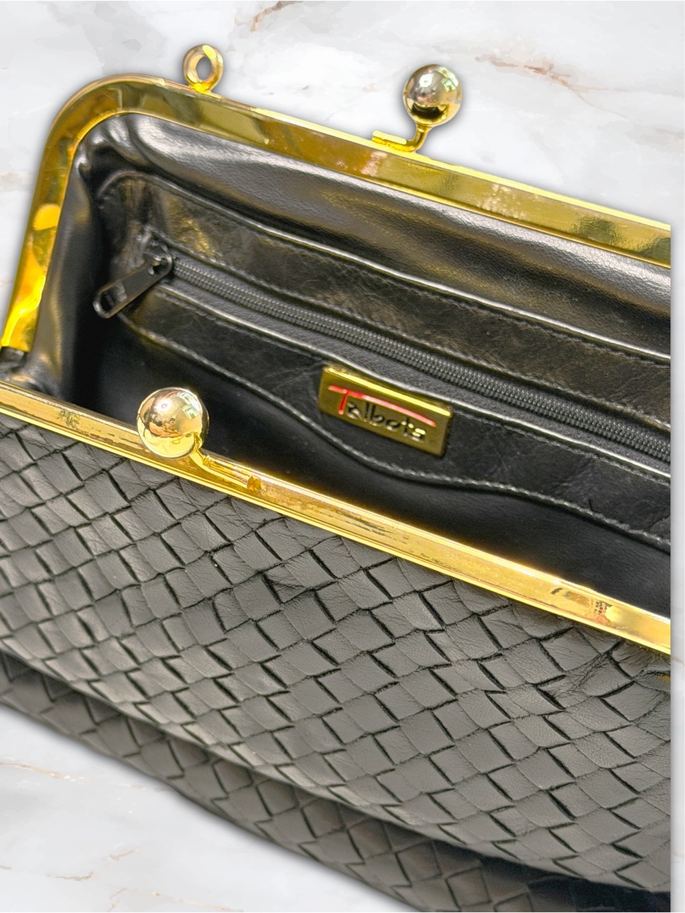 Vintage Black Woven Leather Kiss Lock Frame Bag 2 Way • Clutch Shoulder Purse - Picture 12 of 15